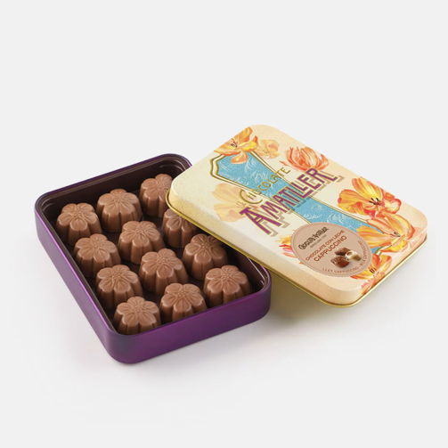 Конфеты из молочного шоколада с кремовой начинкой со вкусом капучино в жестяной банке  (арт. 2799)